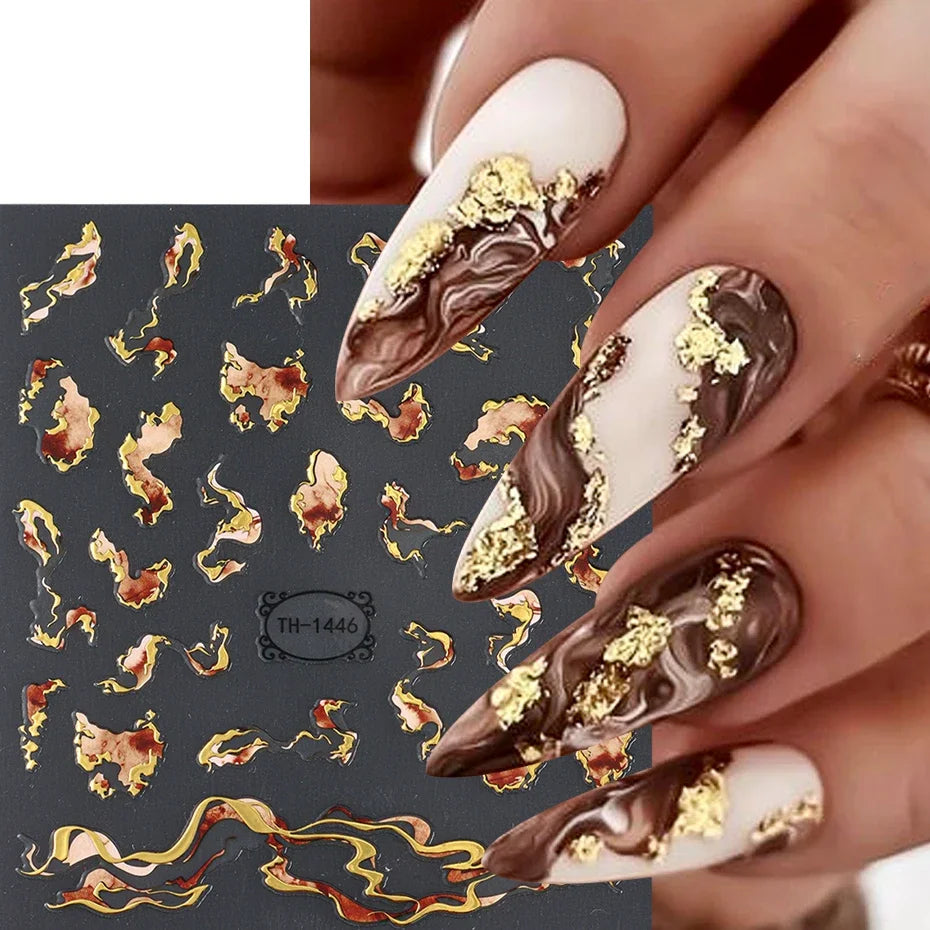 Nails Stickers Purple Blue Brown Ink Design Decals Gold Decorations Art Self-Adhesive Holographic Gel Slider Manicure Supplies