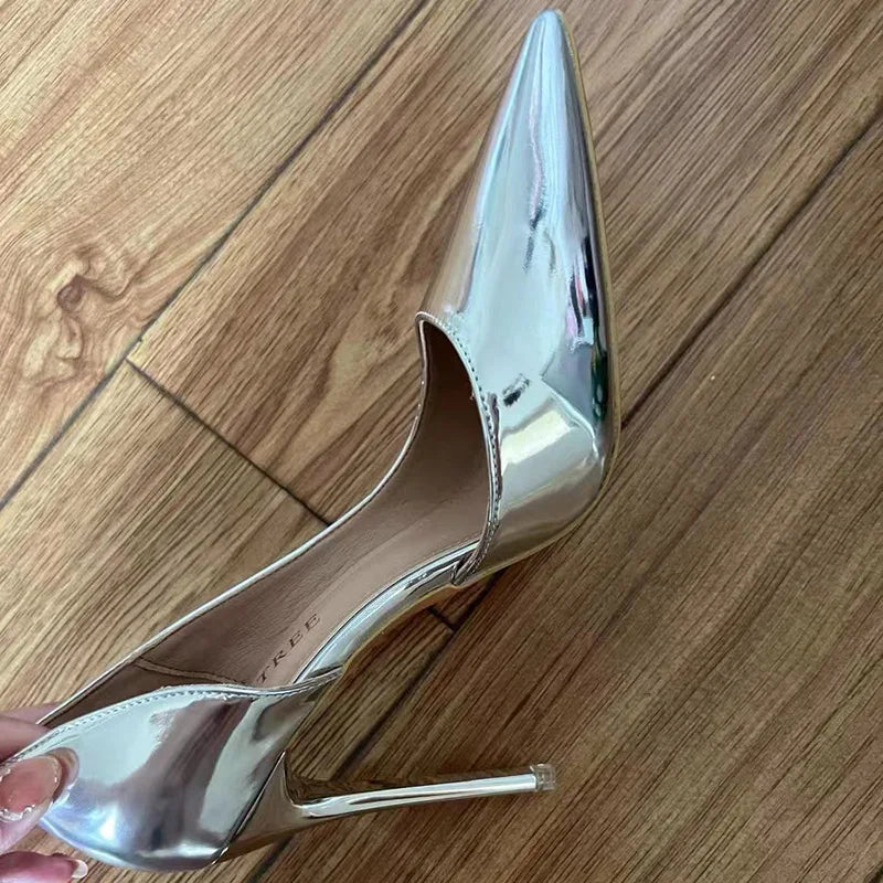 Women 10.5cm High Heels Pumps Lady Stripper Stiletto Metallic Leather Scarpins Wedding Heels Catwalk Party Silver Gold Shoes