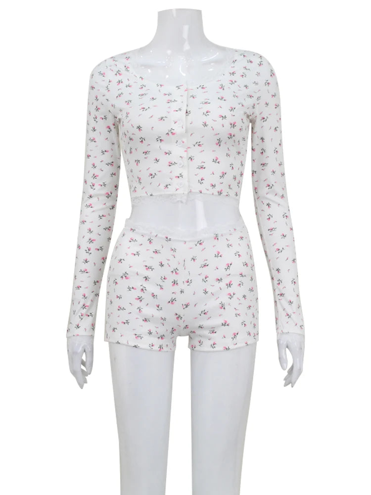 Sexy Women 2 Piece Outfit French Style Floral Lace Long Sleeve Top Shorts Set Casual Pajamas Tracksuit Club Party Lounge