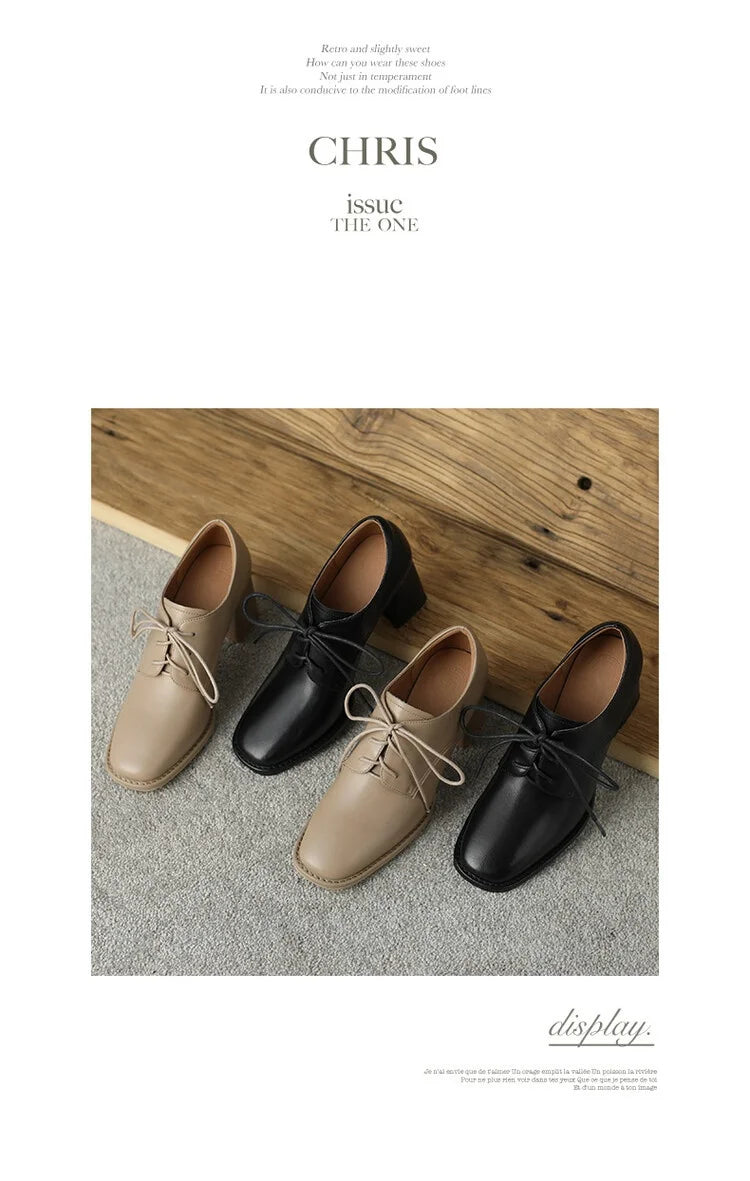 NEW Spring/Autumn Women Loafers Square Toe High heels Split Leather Chunky Heel Pumps Women Plus Size Retro Lace Up Black Shoes