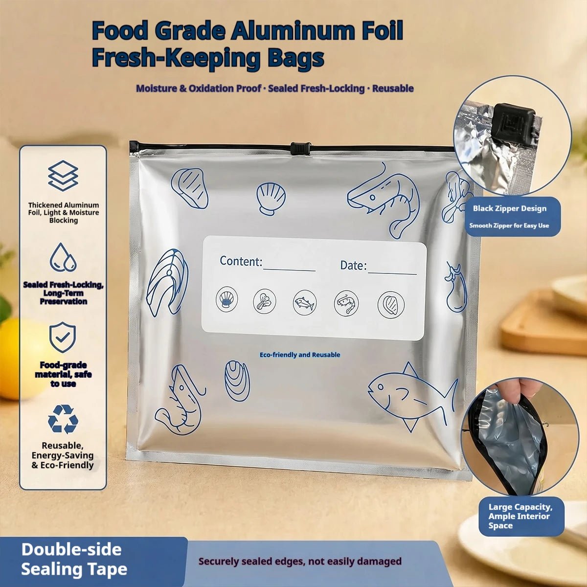60pcs Aluminum Foil Food Sealable Storage Bags, Freezer Bags, Up Sealable Bags with Label And Zip Lock, Zip Seal Food Bags