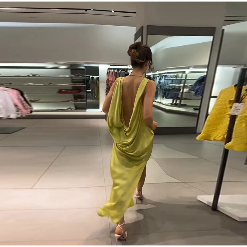 Elegant Pleated Backless Split Long Dress Women Sleeveless High Waist Green 2025 Summer New Holiday Party Dresses Street Robe