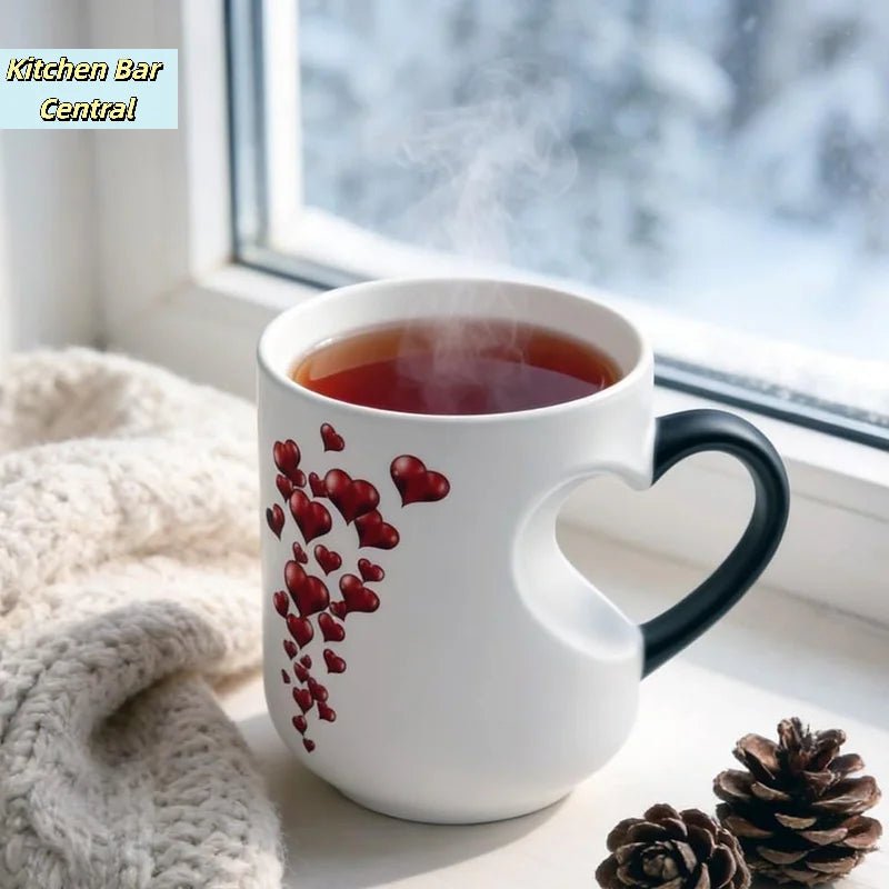 【Heart-Shaped Color Changing Magic Ceramic Mug Funny Color Changing Coffee Cup With Handle That Reveals Surprise Design】