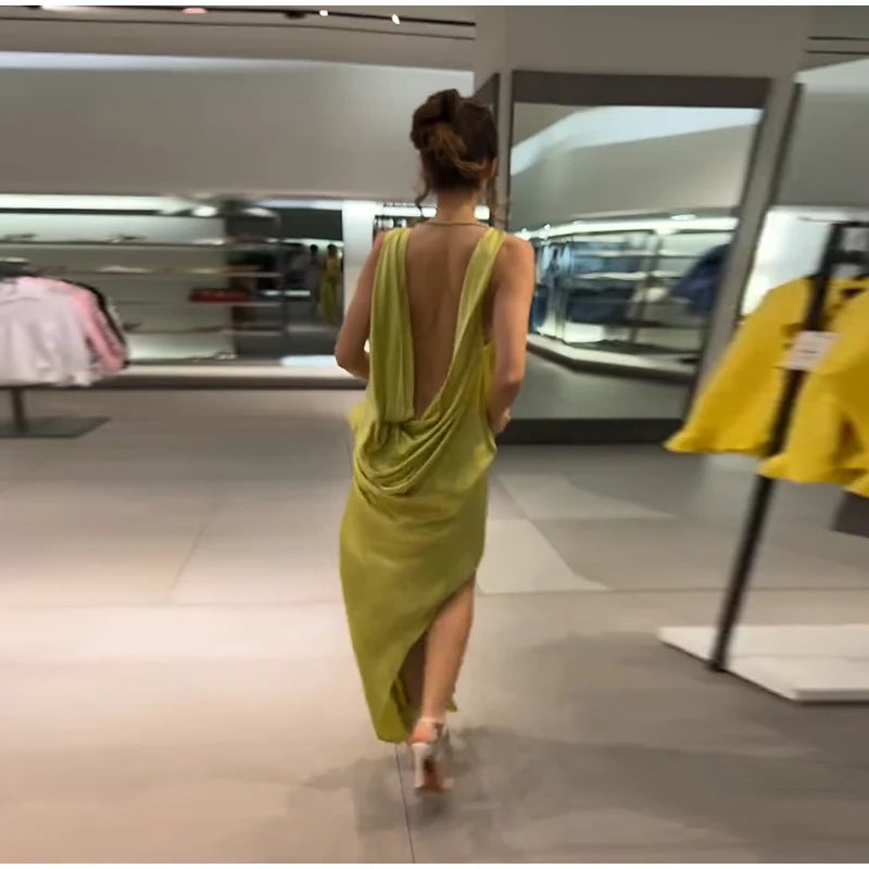 Elegant Pleated Backless Split Long Dress Women Sleeveless High Waist Green 2025 Summer New Holiday Party Dresses Street Robe