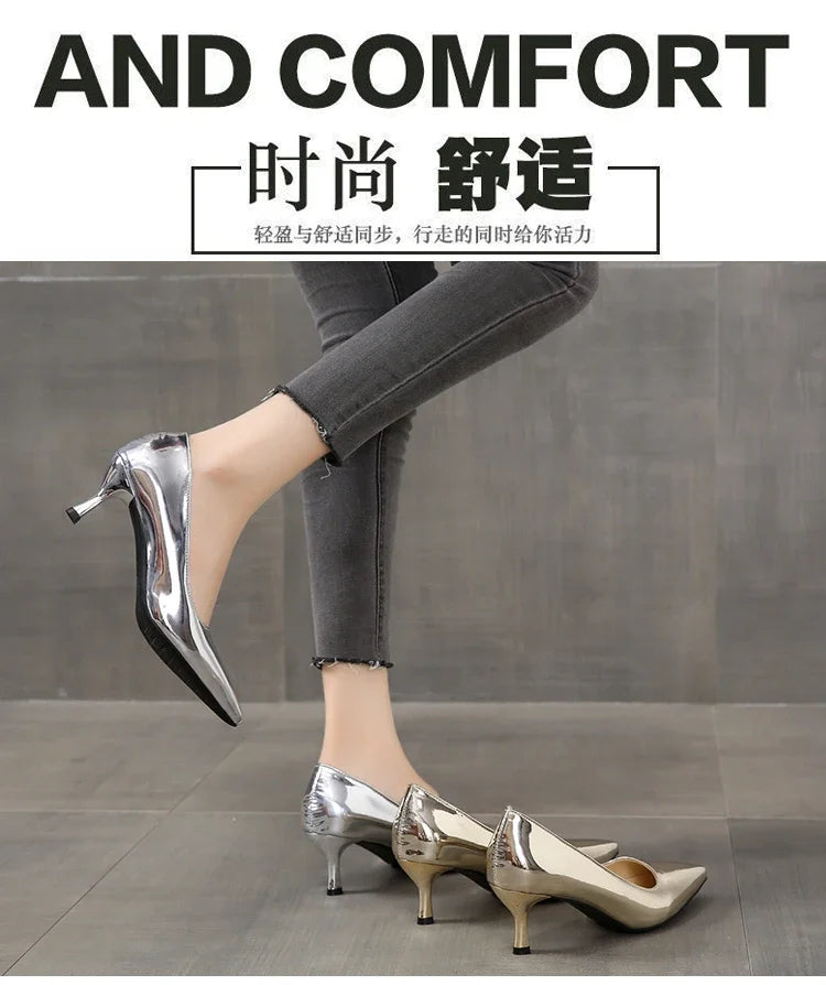 2026 New Lady Pointe Toe Gold Silver Pumps Female Wedding Bridal Shoes  Fashion Women Patent Leather High Heels Plus Size 45