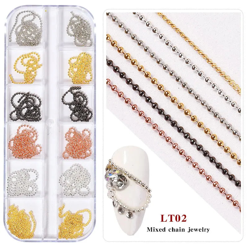 Misscheering 12 Grid Mixed Style Nail Chain Jewelry For DIY Art Decoration Fashion Metal Nails Accessories For Manicure Design