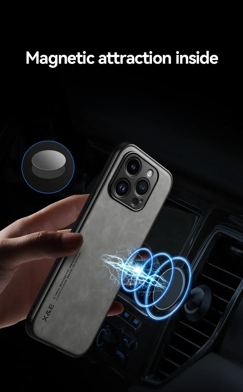 Luxury Leather Case For iPhone 17 16 16e 15 14 13 12 11 Pro Max Plus 12 13 Mini SE 8 7 Cover With Metal Plate Support Car Hold