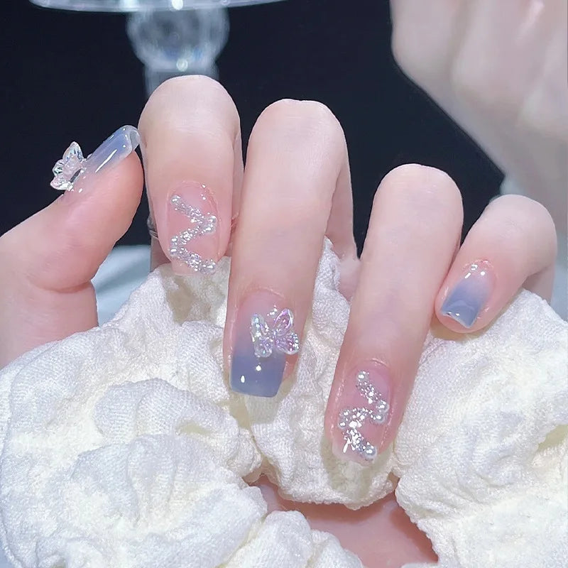 24PCS- Fake Nails Short Detachable Finished Fingernails Sparkling Butterflies Wearable False Nails press on Square Head Full Cov