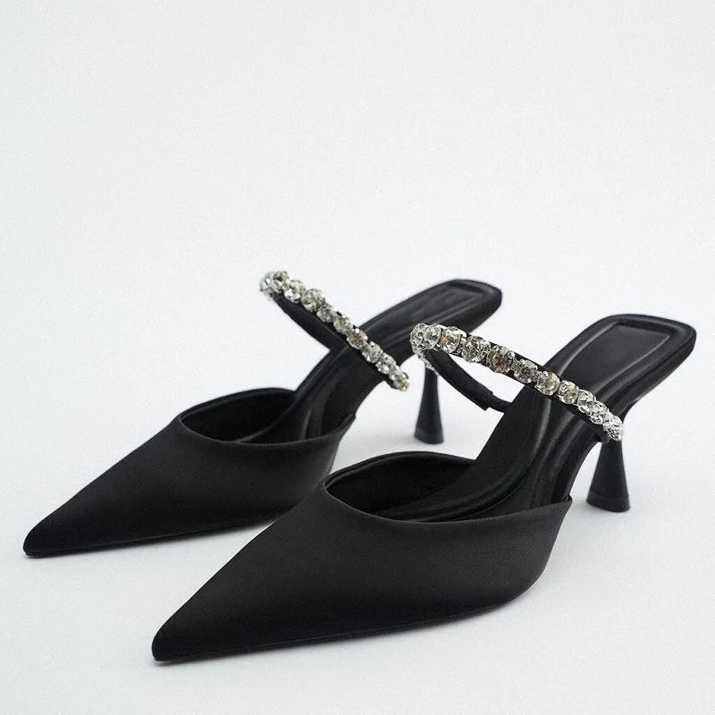 Rhinestone Heels Slingback High Heels Women Pumps 2023 Women's Mules Elegant Modern High-heeled Sandals Pointe Party Shoes