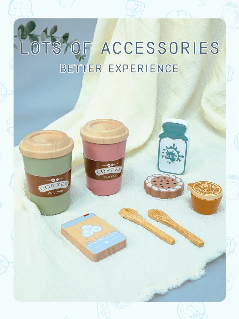 Kids Wooden Coffee Toy Set Toddler Pretend Play Kitchen Accessories Gift for Children House Play Early Educational Toys for Kids