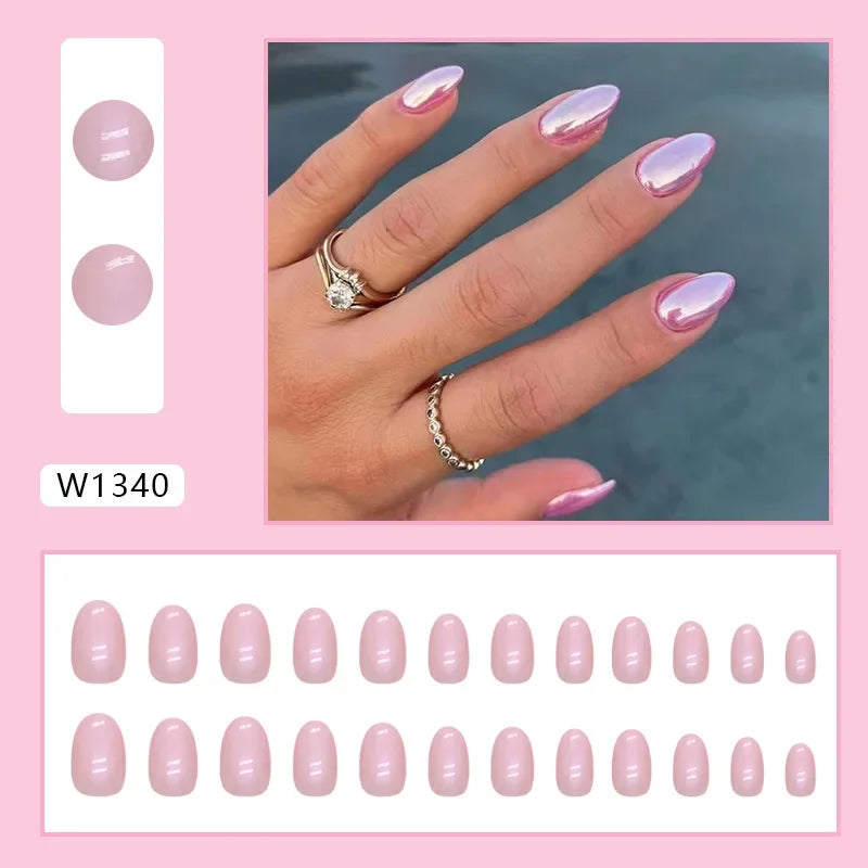 New Short Ballet 24 Pcs Fake Nail with Jelly sticker Press on False Nails Wearable Round Head Oval Full Cover Nail Tips