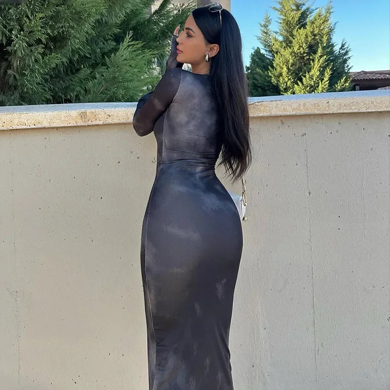 Women's Summer Long Dress Elegant O Neck Long Sleeve Evening Dress Women Fashion Tie-dye Street Vacation Party Club Long Dresses