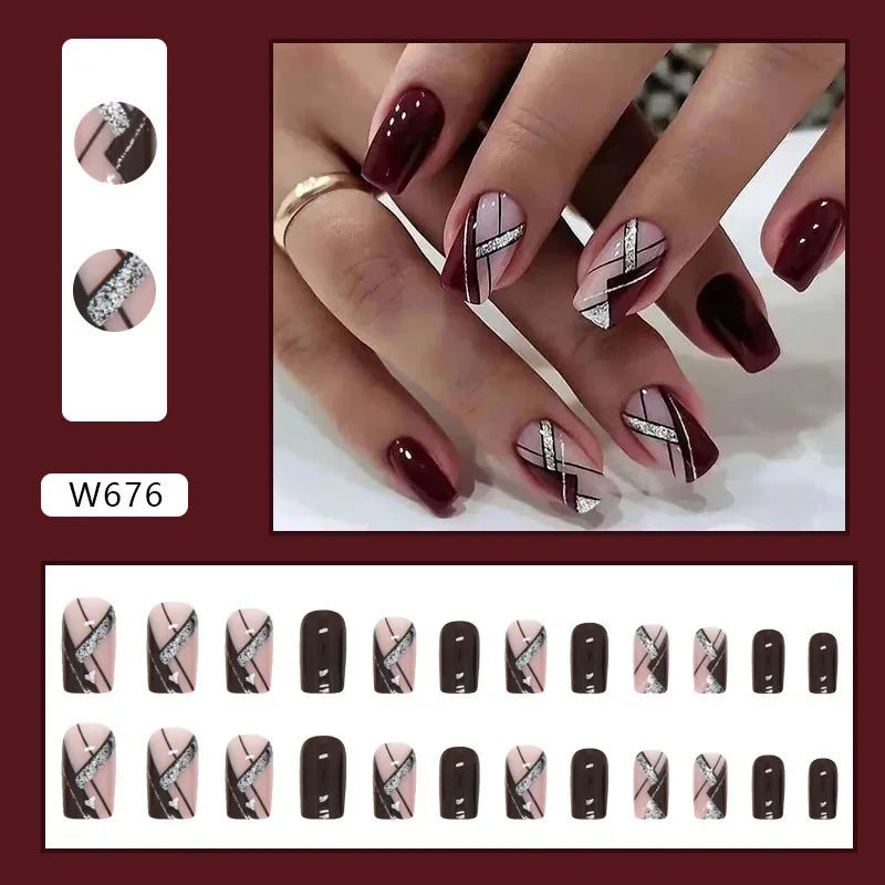 New Short Ballet 24 Pcs Fake Nail with Jelly sticker Press on False Nails Wearable Round Head Oval Full Cover Nail Tips