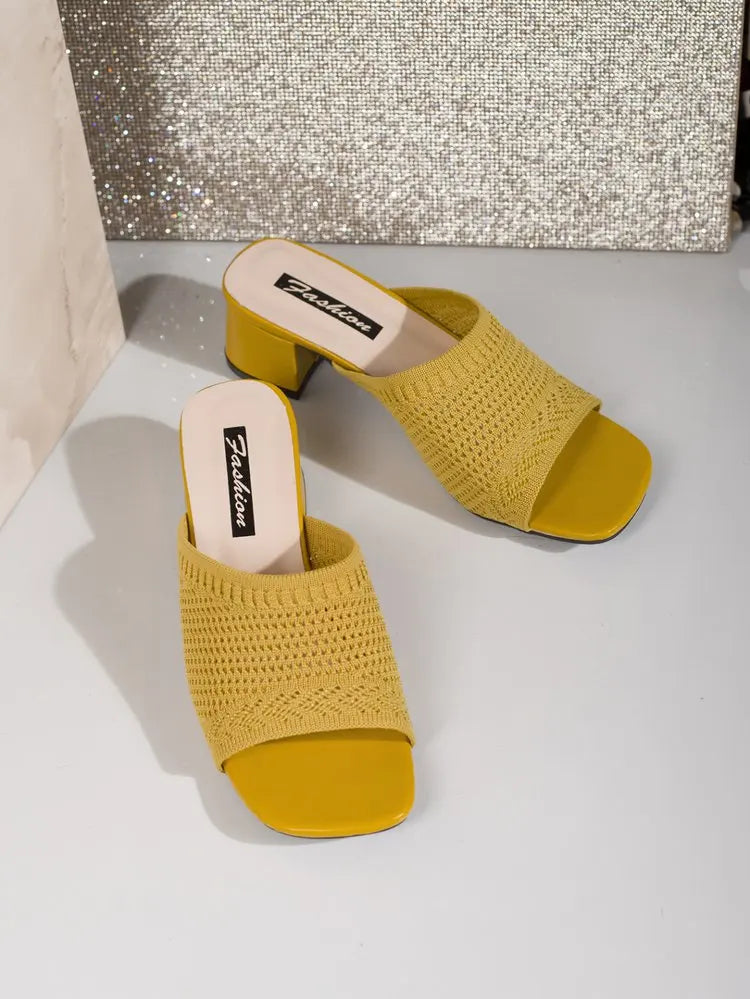Summer Plus Size High Heel party Sandals Knitted Breathable Block Heel Sandals Fashion casual Brown Comfortable Women's Shoes