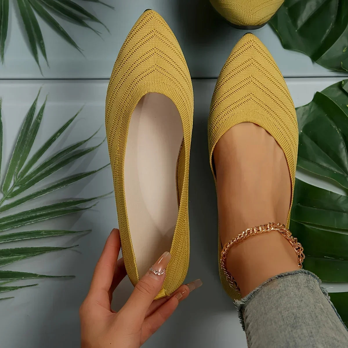 New 2024 Pointed Toe Flat Office Boat Solid Color Knitted Slip on Shoes Casual Ballet Flats Shoes Women Loafers Zapatos De Mujer