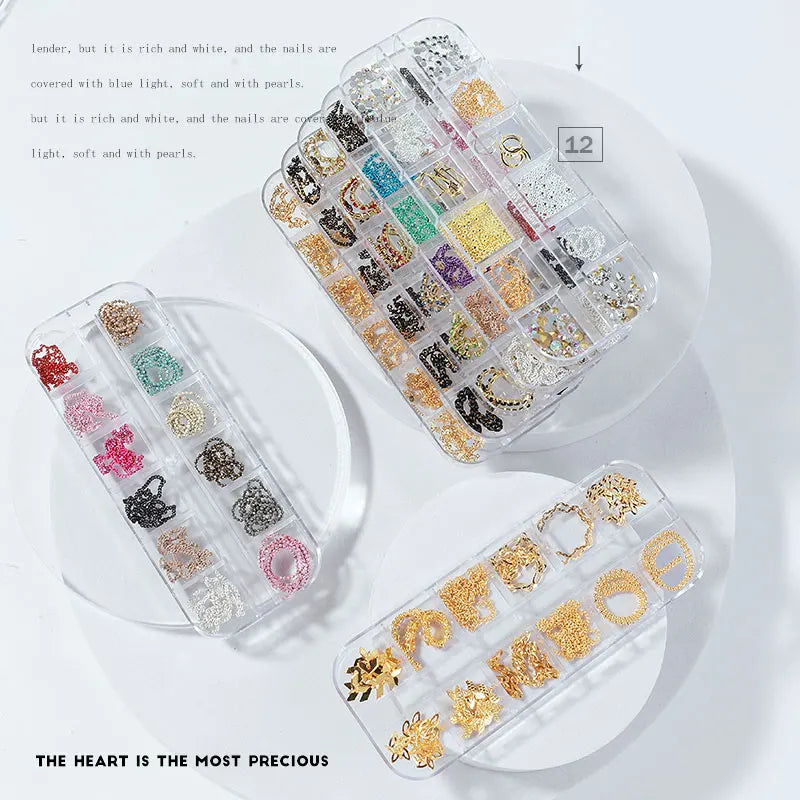 Misscheering 12 Grid Mixed Style Nail Chain Jewelry For DIY Art Decoration Fashion Metal Nails Accessories For Manicure Design