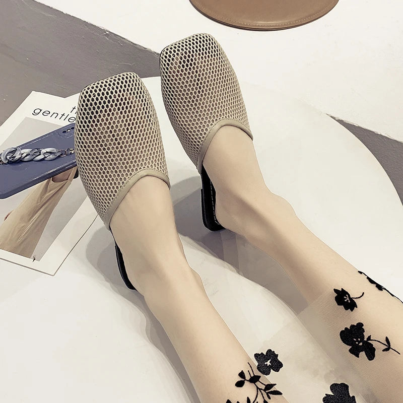 Summer Women Slippers Sexy Mesh Mules Indoor Home Slides Square Toe Female Flats Shoes Outdoor Clogs Beach Sandals Flip Flops 43