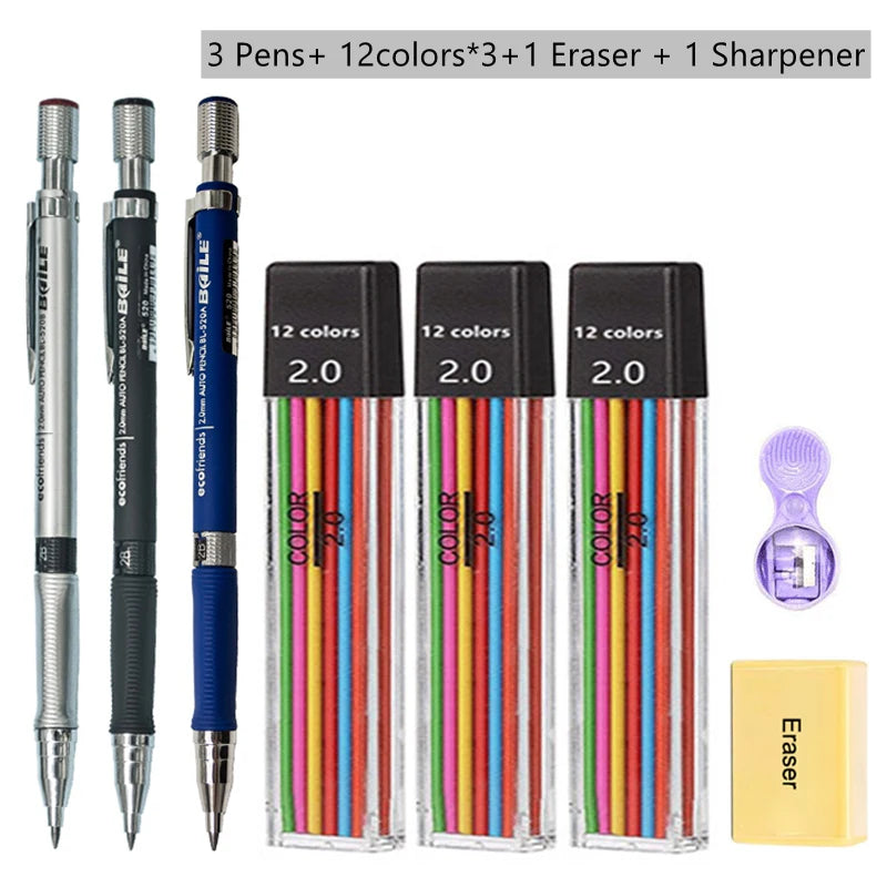 2.0mm Mechanical Pencil With Black/Color Lead Refill Automatic Pencil Art Drawing Painting Sketching School & Office Stationery