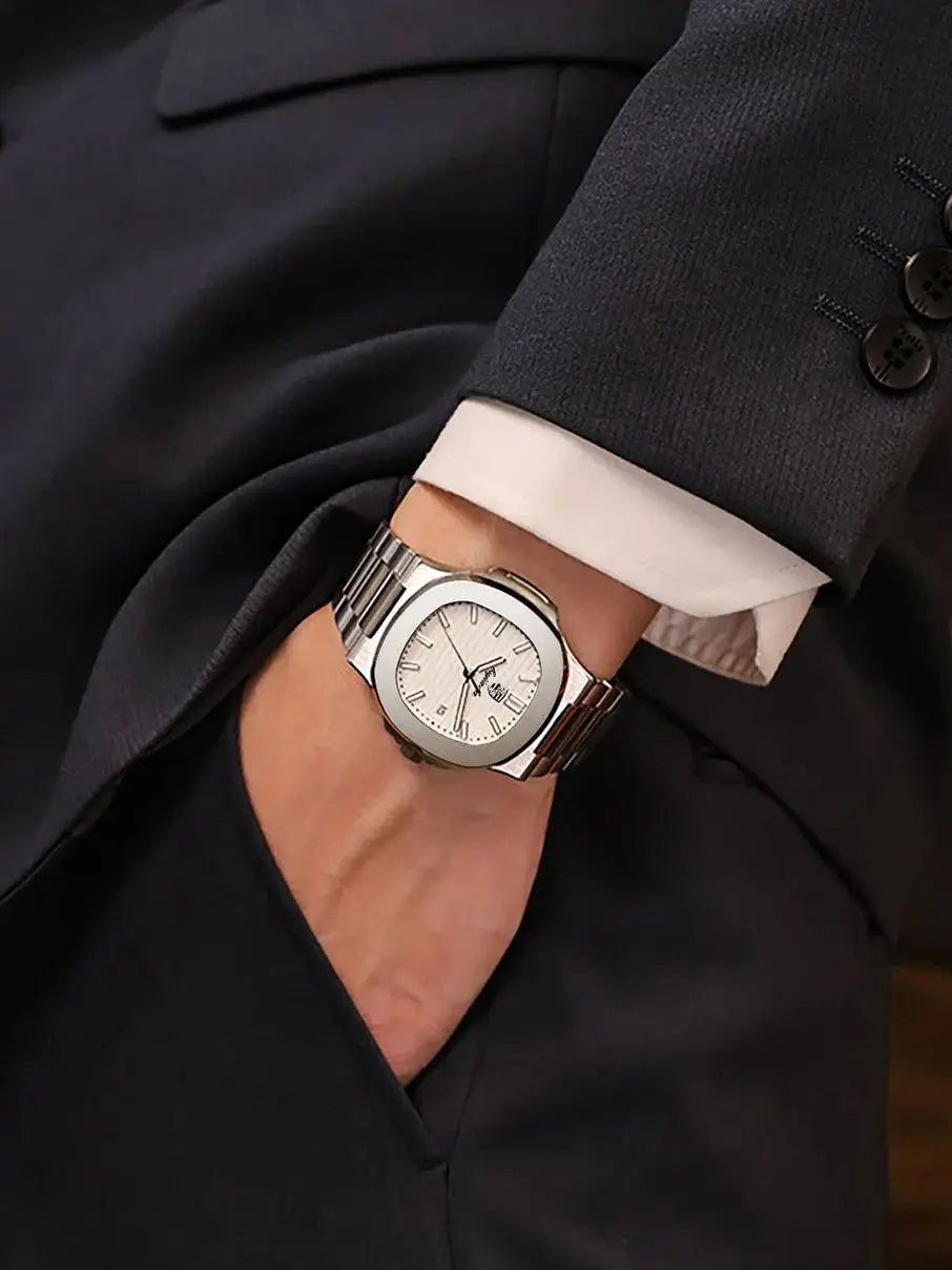 Fashion Luxury Business Square Quartz Watches Classic Stripe Design Dial with Stainless Steel Band Wristwatch for Men Relogio