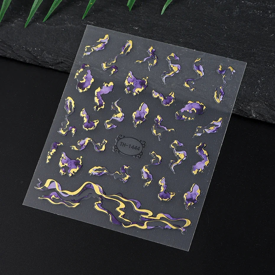 Nails Stickers Purple Blue Brown Ink Design Decals Gold Decorations Art Self-Adhesive Holographic Gel Slider Manicure Supplies