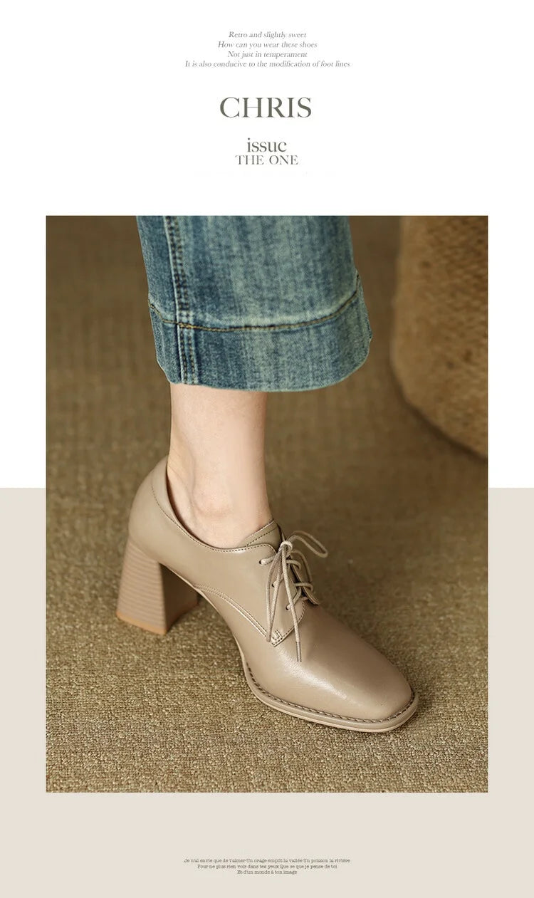 NEW Spring/Autumn Women Loafers Square Toe High heels Split Leather Chunky Heel Pumps Women Plus Size Retro Lace Up Black Shoes
