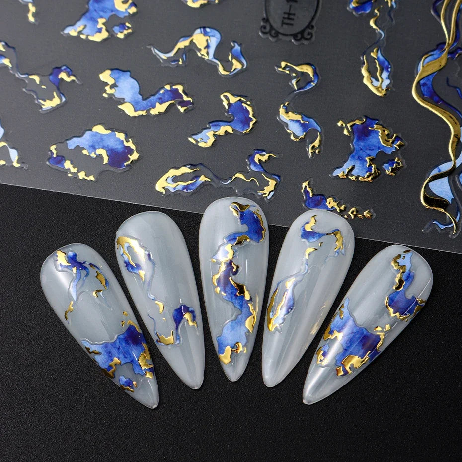 Nails Stickers Purple Blue Brown Ink Design Decals Gold Decorations Art Self-Adhesive Holographic Gel Slider Manicure Supplies