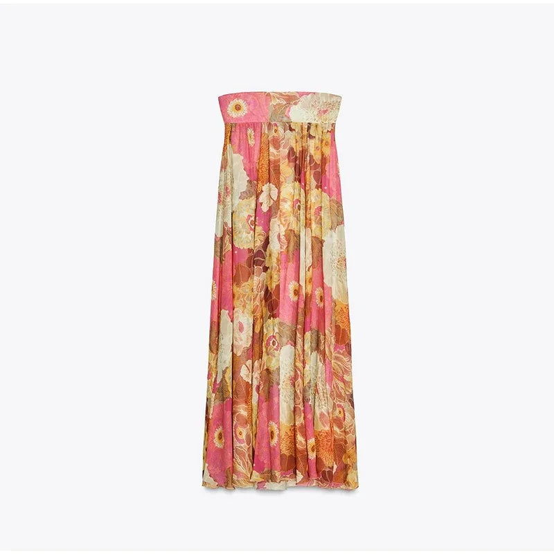 Printed Pleated Vacation Summer Long Dress Women Patchwork Sleeveless Backless Sexy Party Loose Zipper Robe Street Floor Dresses