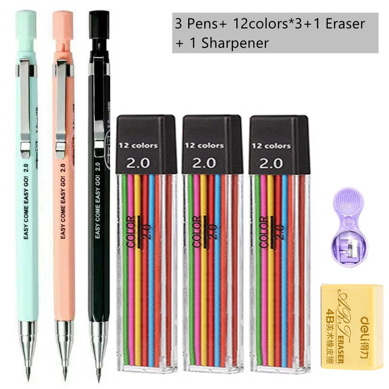 2.0mm Mechanical Pencil With Black/Color Lead Refill Automatic Pencil Art Drawing Painting Sketching School & Office Stationery