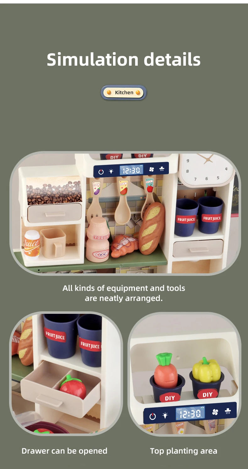 Children Kitchen Toys Set Simulated Tableware Kitchen Counter Play Set with Lights Spray DIY Toy for Girls Kids Birthday Gifts