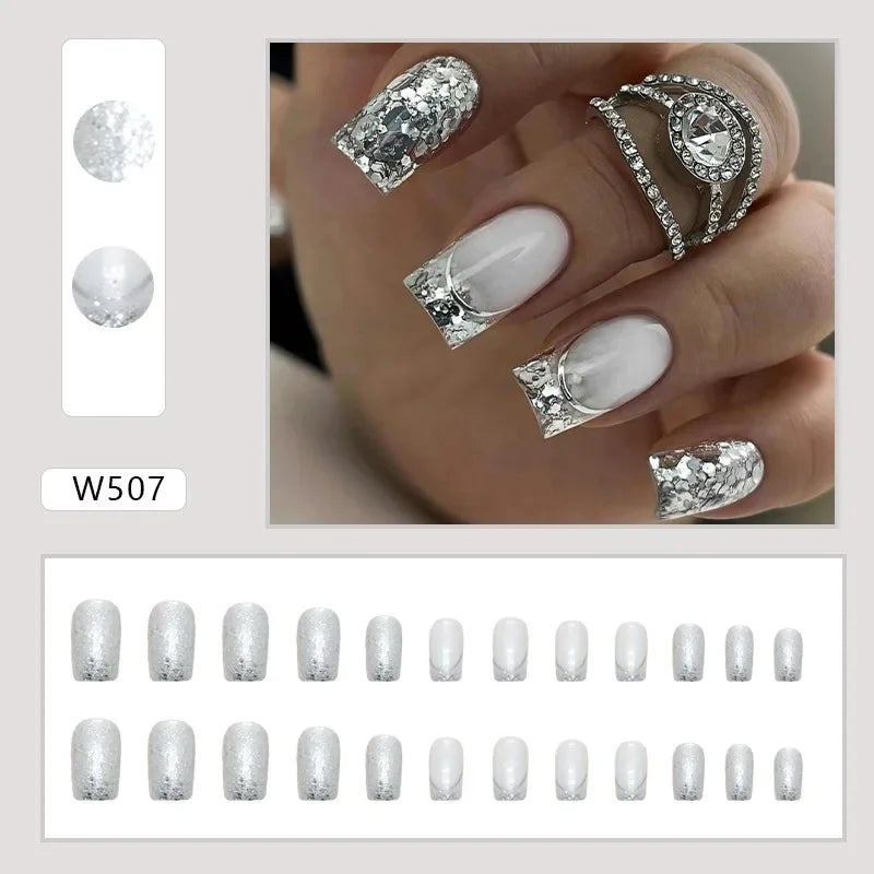New Short Ballet 24 Pcs Fake Nail with Jelly sticker Press on False Nails Wearable Round Head Oval Full Cover Nail Tips