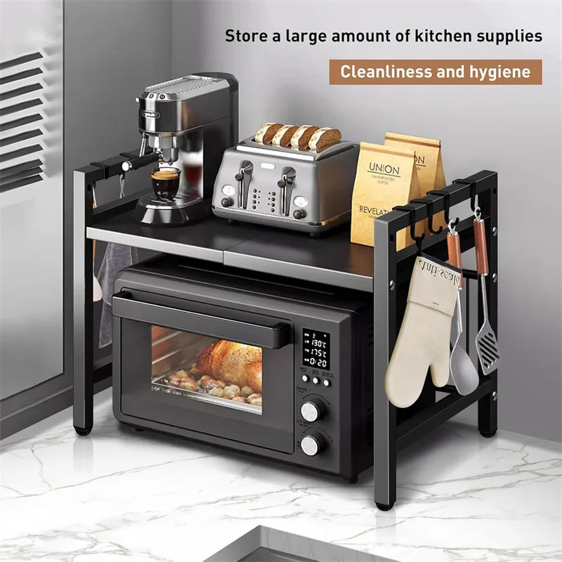 Adjustable Space-Saving Microwave Rack – 100kg Capacity, Kitchen Shelf with Hooks & Storage Organizer (Black)