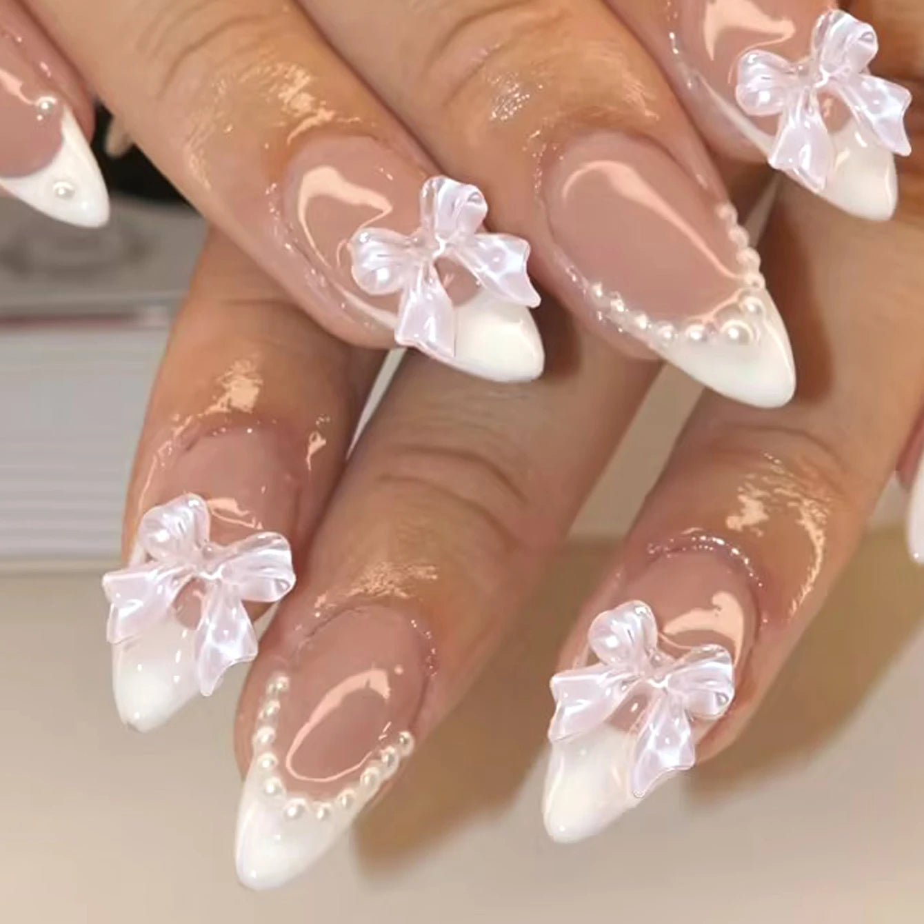 24PCS- Long coffin shaped fake nails, pink three-dimensional butterfly, pink flower decoration, suitable for dating, dinner