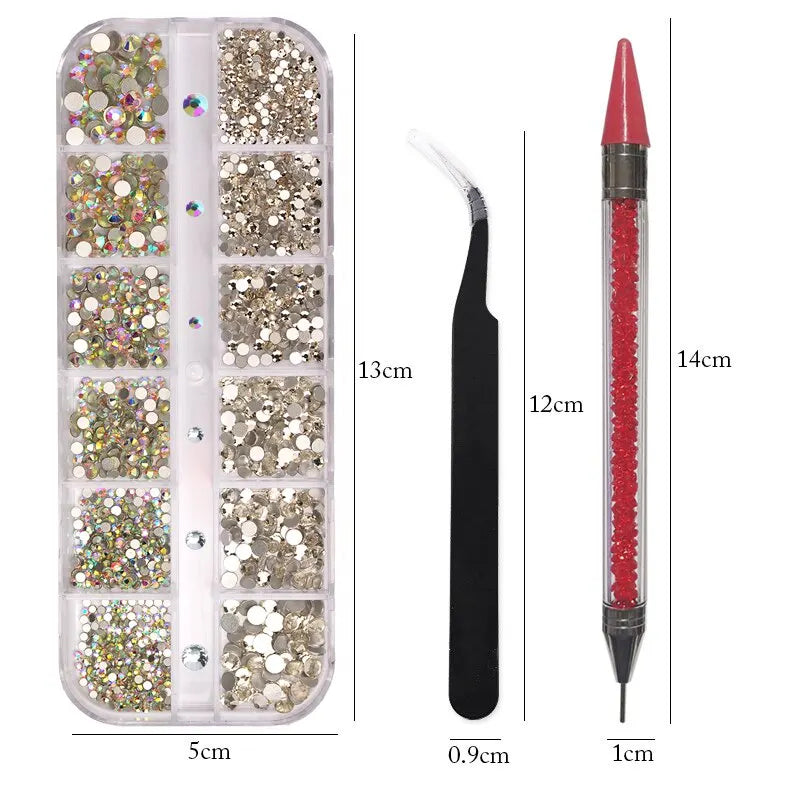 12 Grids Multi Sizes Clear Crystal AB Nail Rhinestones Set DIY Nail Art Decoration Diamonds with Tools Nails Accessories