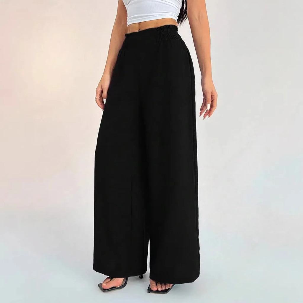 Cross-Border Women's Wide Leg Pants Elastic Pure Color Loose Fit Trousers Fresh Sweet Style Polyester Fabric Casual Pants