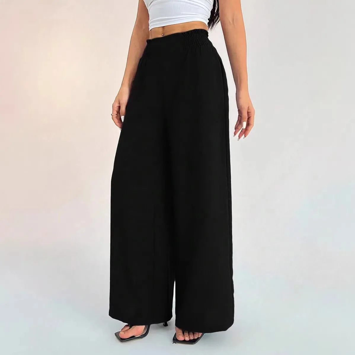 Cross-Border Women's Wide Leg Pants Elastic Pure Color Loose Fit Trousers Fresh Sweet Style Polyester Fabric Casual Pants