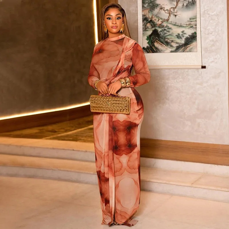 Women's Retro Print O-Neck Long Sleeve Pleated Hips Wrapped Long Dress