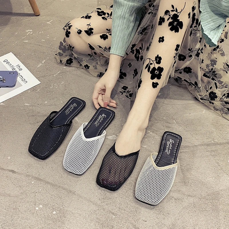 Summer Women Slippers Sexy Mesh Mules Indoor Home Slides Square Toe Female Flats Shoes Outdoor Clogs Beach Sandals Flip Flops 43