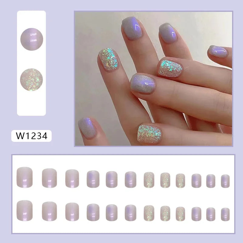 New Short Ballet 24 Pcs Fake Nail with Jelly sticker Press on False Nails Wearable Round Head Oval Full Cover Nail Tips