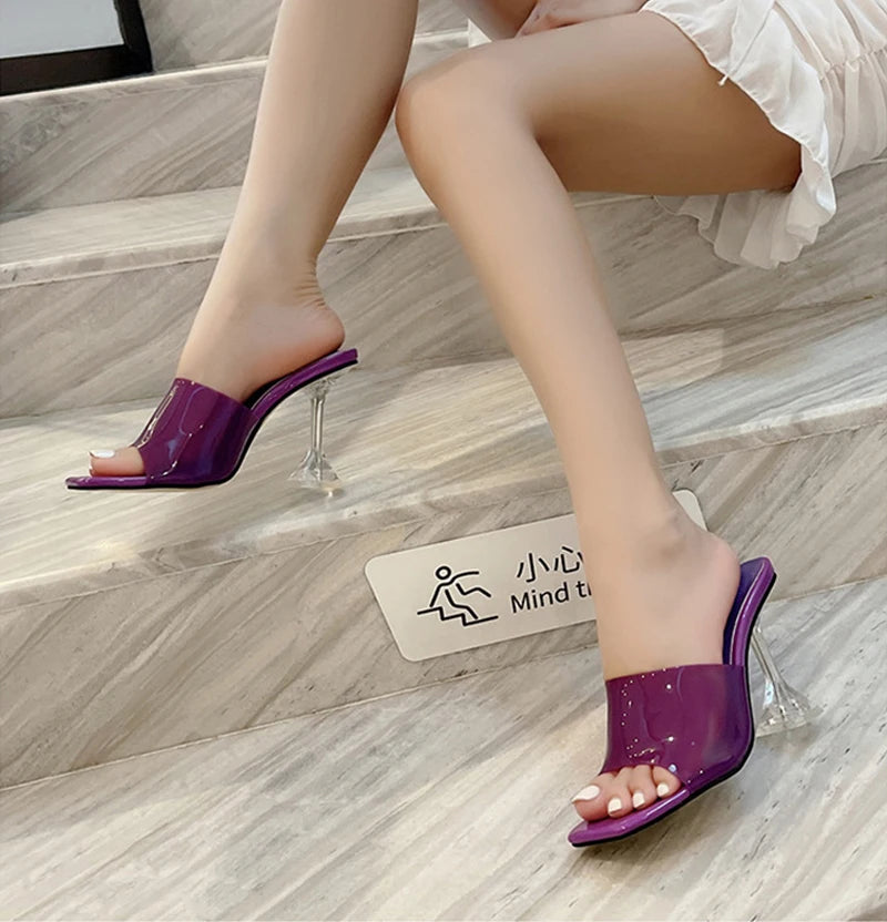 Liyke 2026 New Transparent Crystal Clear Heels Women Slippers Candy Color PVC Shoes Female Mules Slides Summer Sandals Size 46
