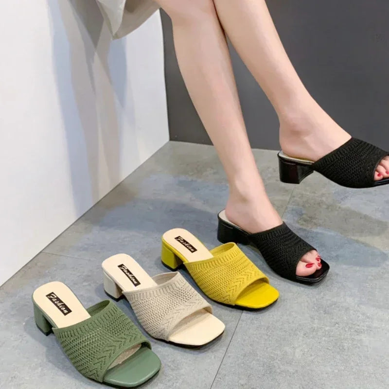 Women's Plus Size Mid Heel Slippers 2025summer New High Heels Party Shoes Comfortable Slippers Sandals Fashionable Women's Shoes