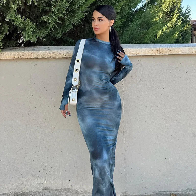 Women's Summer Long Dress Elegant O Neck Long Sleeve Evening Dress Women Fashion Tie-dye Street Vacation Party Club Long Dresses