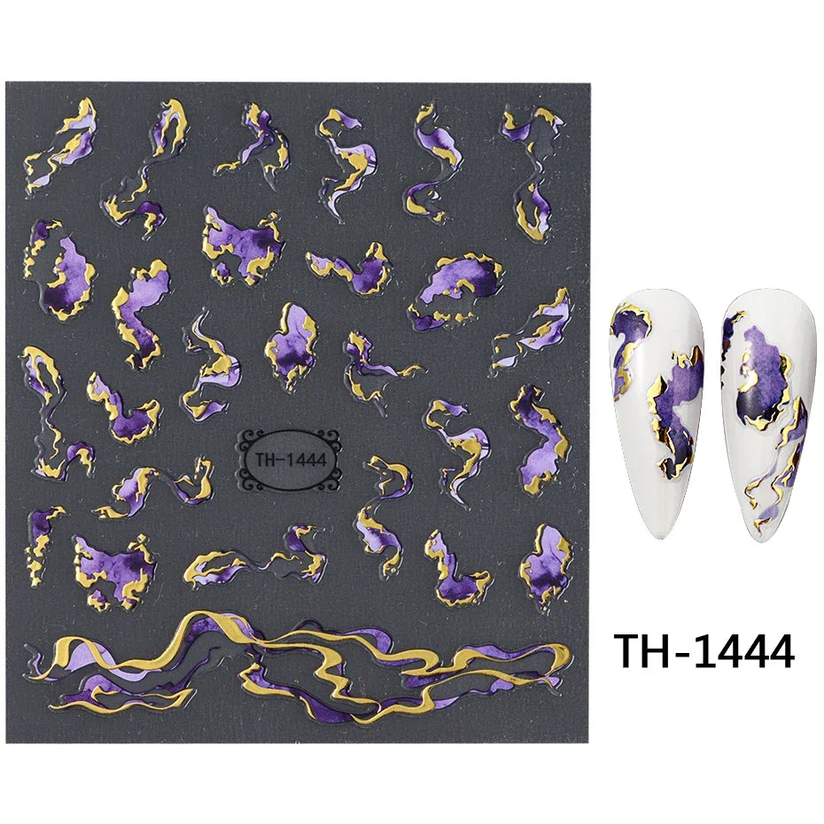 Nails Stickers Purple Blue Brown Ink Design Decals Gold Decorations Art Self-Adhesive Holographic Gel Slider Manicure Supplies