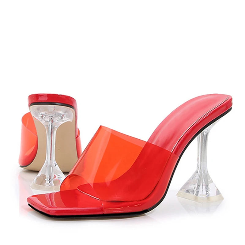 Liyke 2026 New Transparent Crystal Clear Heels Women Slippers Candy Color PVC Shoes Female Mules Slides Summer Sandals Size 46