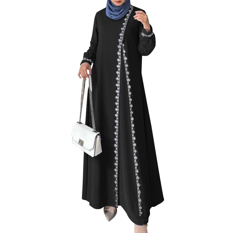 ZANZEA Autumn Women Long Sleeve O Neck Muslim Maxi Dress Kaftan Elegant Lace Crochet Loose Turkey Abaya Vestidos Islamic Dresses