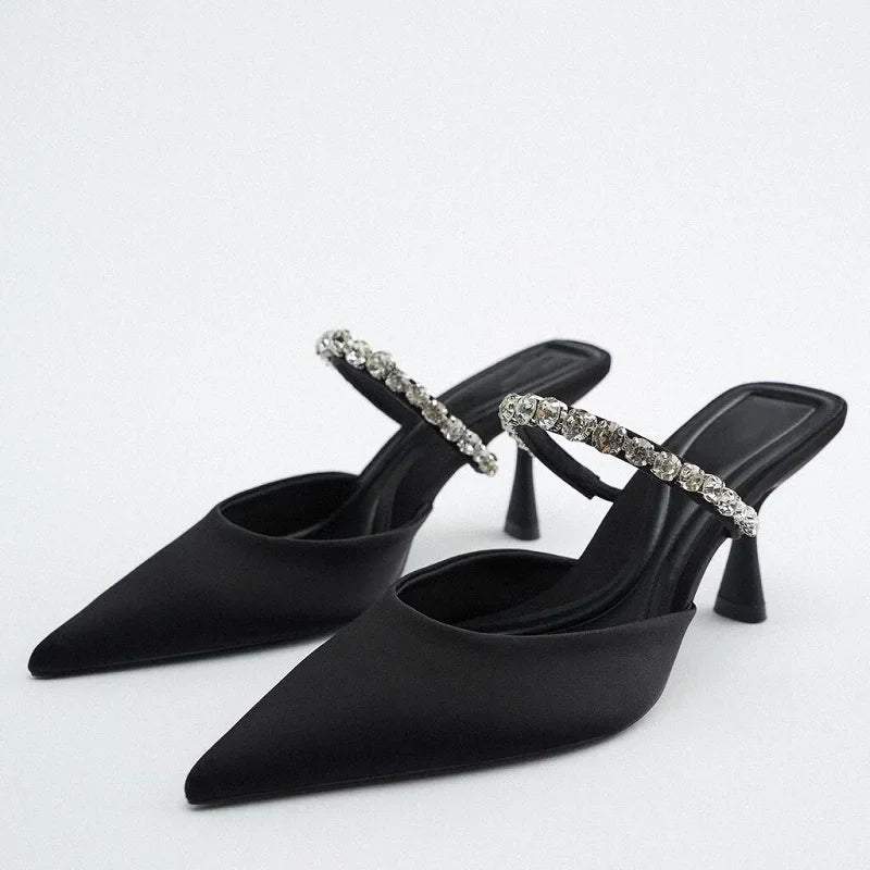 Rhinestone Heels Slingback High Heels Women Pumps 2023 Women's Mules Elegant Modern High-heeled Sandals Pointe Party Shoes