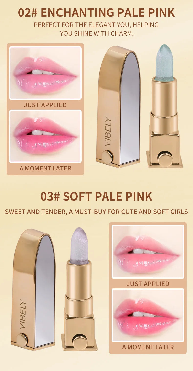VIBELY Color Changing Lipstick with Shimmer Glitter, Nourishing Hydrating Lip Balm, Moisturizing Lip Care for Dry Lips, Daily Us