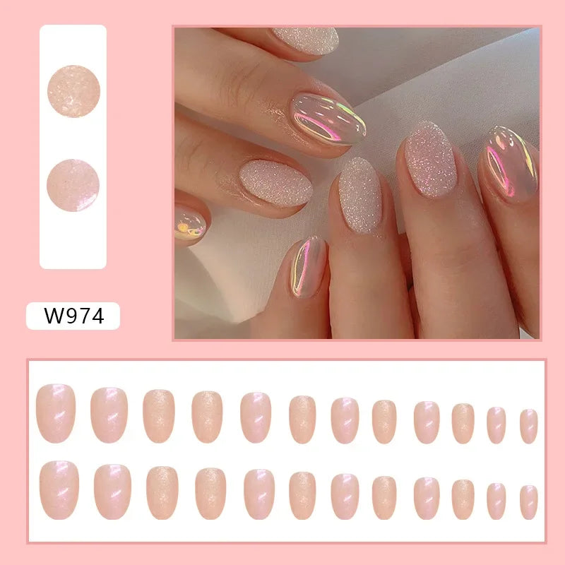 New Short Ballet 24 Pcs Fake Nail with Jelly sticker Press on False Nails Wearable Round Head Oval Full Cover Nail Tips