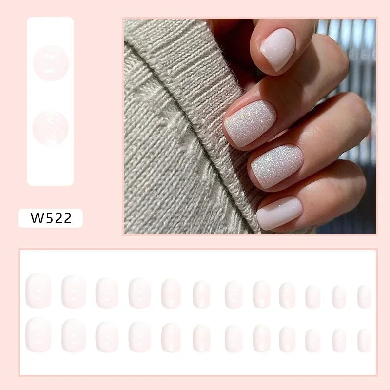 New Short Ballet 24 Pcs Fake Nail with Jelly sticker Press on False Nails Wearable Round Head Oval Full Cover Nail Tips