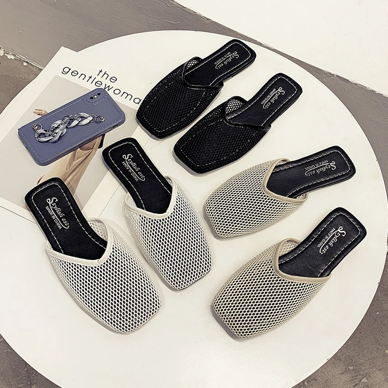 Summer Women Slippers Sexy Mesh Mules Indoor Home Slides Square Toe Female Flats Shoes Outdoor Clogs Beach Sandals Flip Flops 43