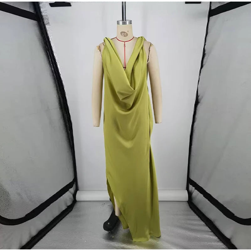 Elegant Pleated Backless Split Long Dress Women Sleeveless High Waist Green 2025 Summer New Holiday Party Dresses Street Robe